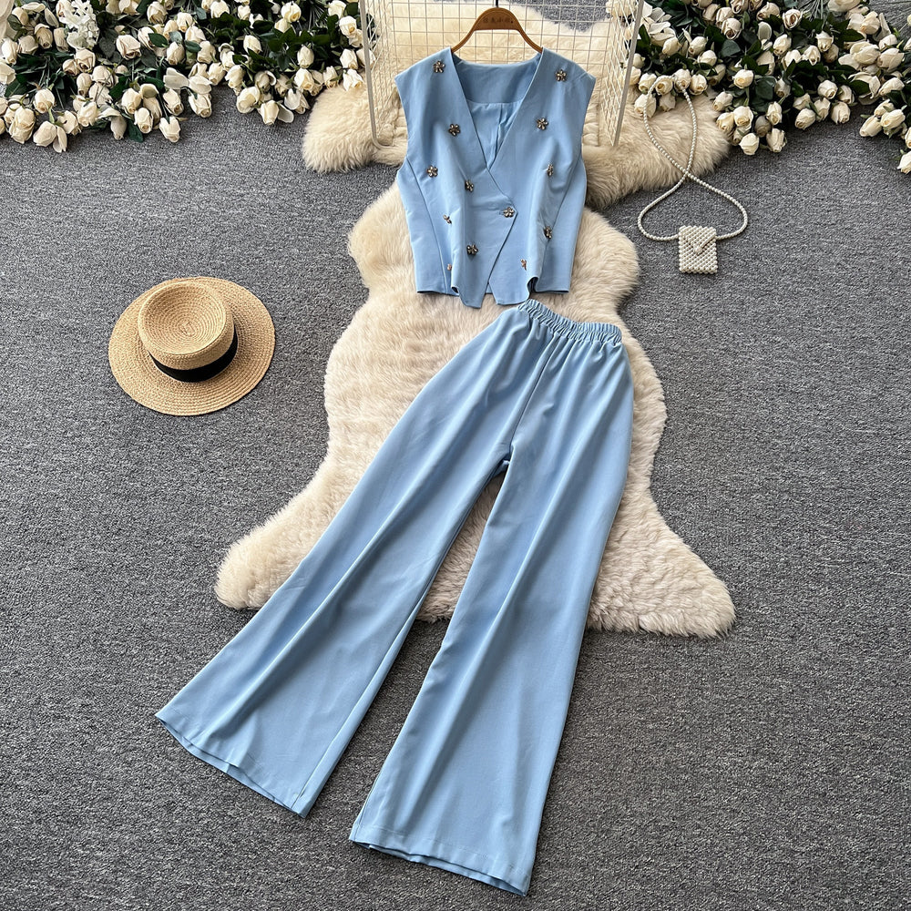 Lightly mature elegance style work clothingtwo-piece set female summerelegant beaded sleeveless vest loose pantsslimming lookfashionsuit