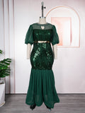African cross-border supply  new women's plus size round neck rhinestone sequin evening party dress