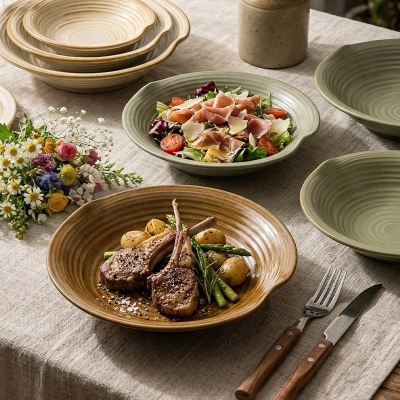 Japanese-style pasta plate, household salad plate, high-end restaurant ceramic tableware, retro straw hat bowl, light luxury western food plate