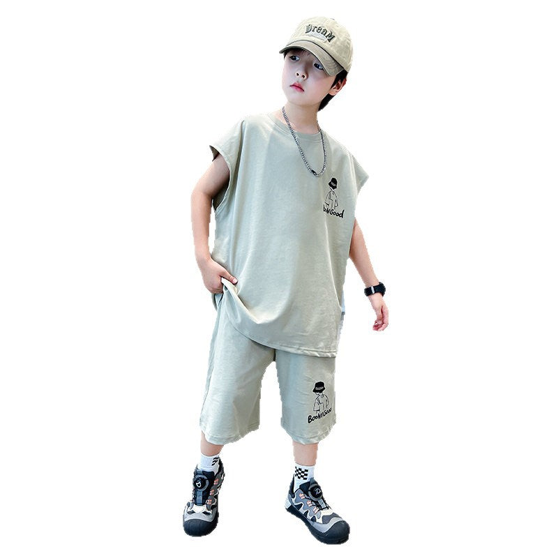 Boys' summer outfit set  new kids' summer tracksuit big kids' tank top stylish boy's lightweight two-piece set