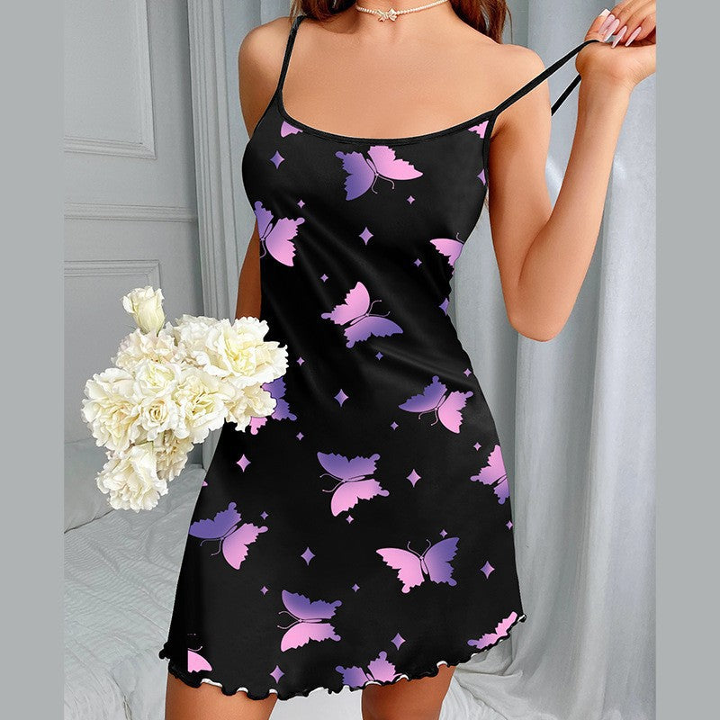 Spring/summer new arrivals: hot-selling cross-border  sexy french milk silk women's pajamas - butterfly tie sweet suspender nightgown