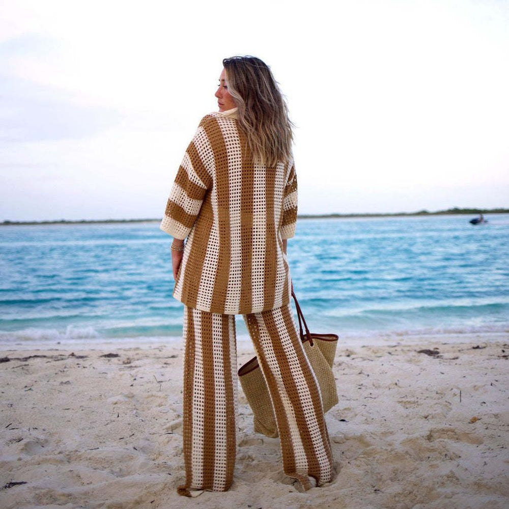 "vip exclusive" cross-border e-commerce source factory: european and american style women's knitted striped sexy pant suit