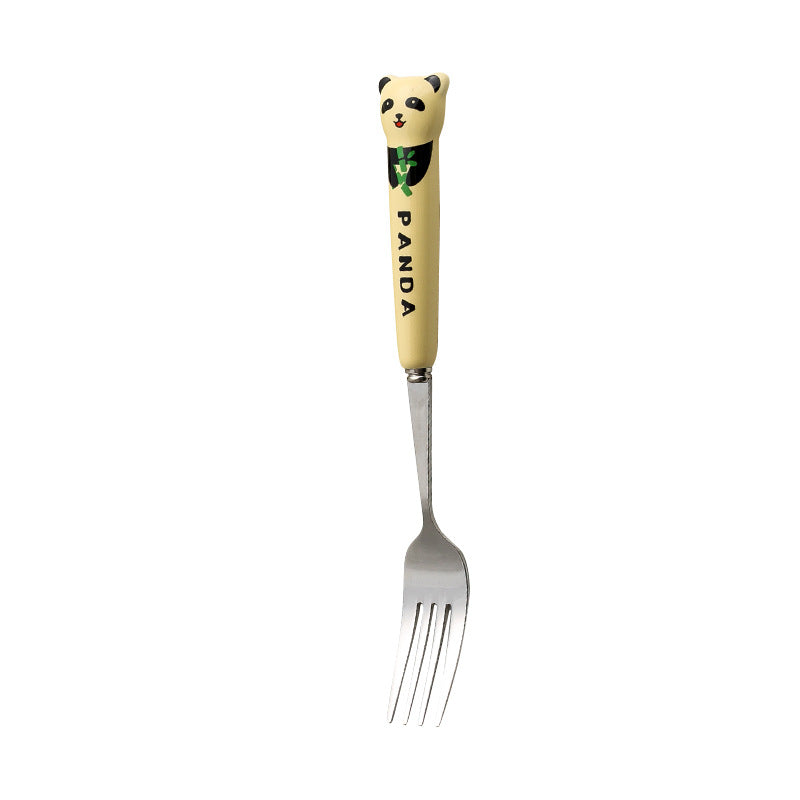 Cartoon stainless steel cutlery set: cute kids' forks with stylish ceramic handles, exquisite dessert spoons, and serving spoons