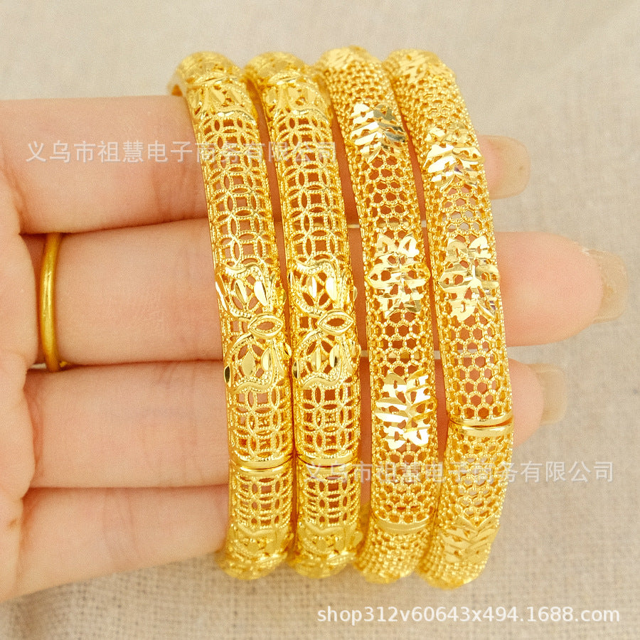 Wholesale dubai women's luxury hollow flower bangle gold elegant middle eastern bridal wedding bracelet party gift