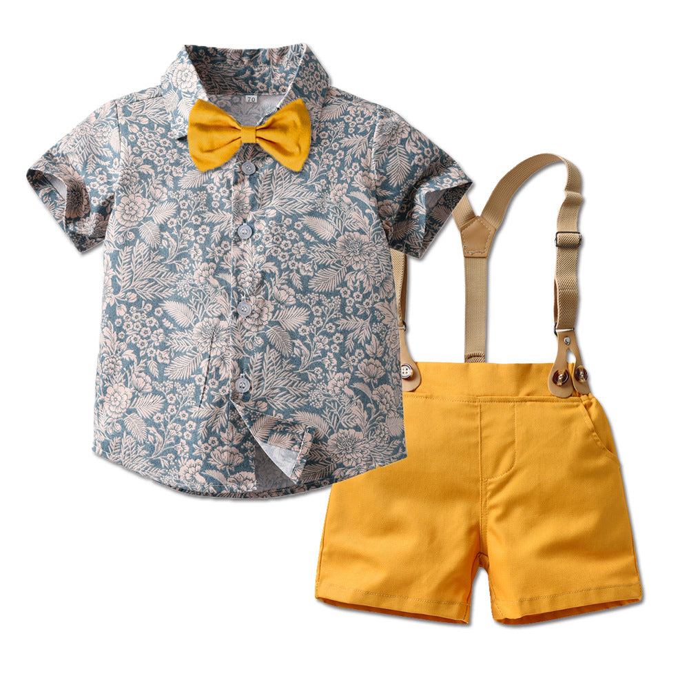 European and american style boys' outfit set: short-sleeve printed shirt, overalls, bow tie - beach-themed cross-border children's wear wholesale