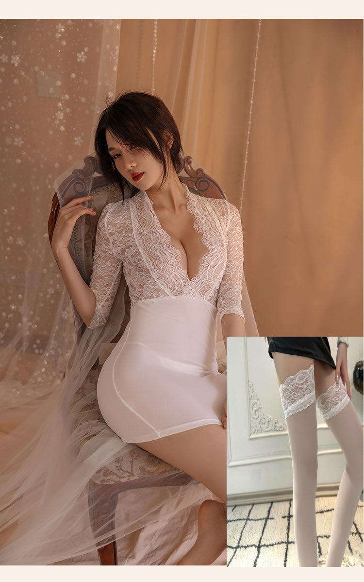 Sexy lingerie, tight-fitting hip skirt, sexy secretary uniform, seductive deep v, exposed breasts, lace see-through pure desire sexy clothing