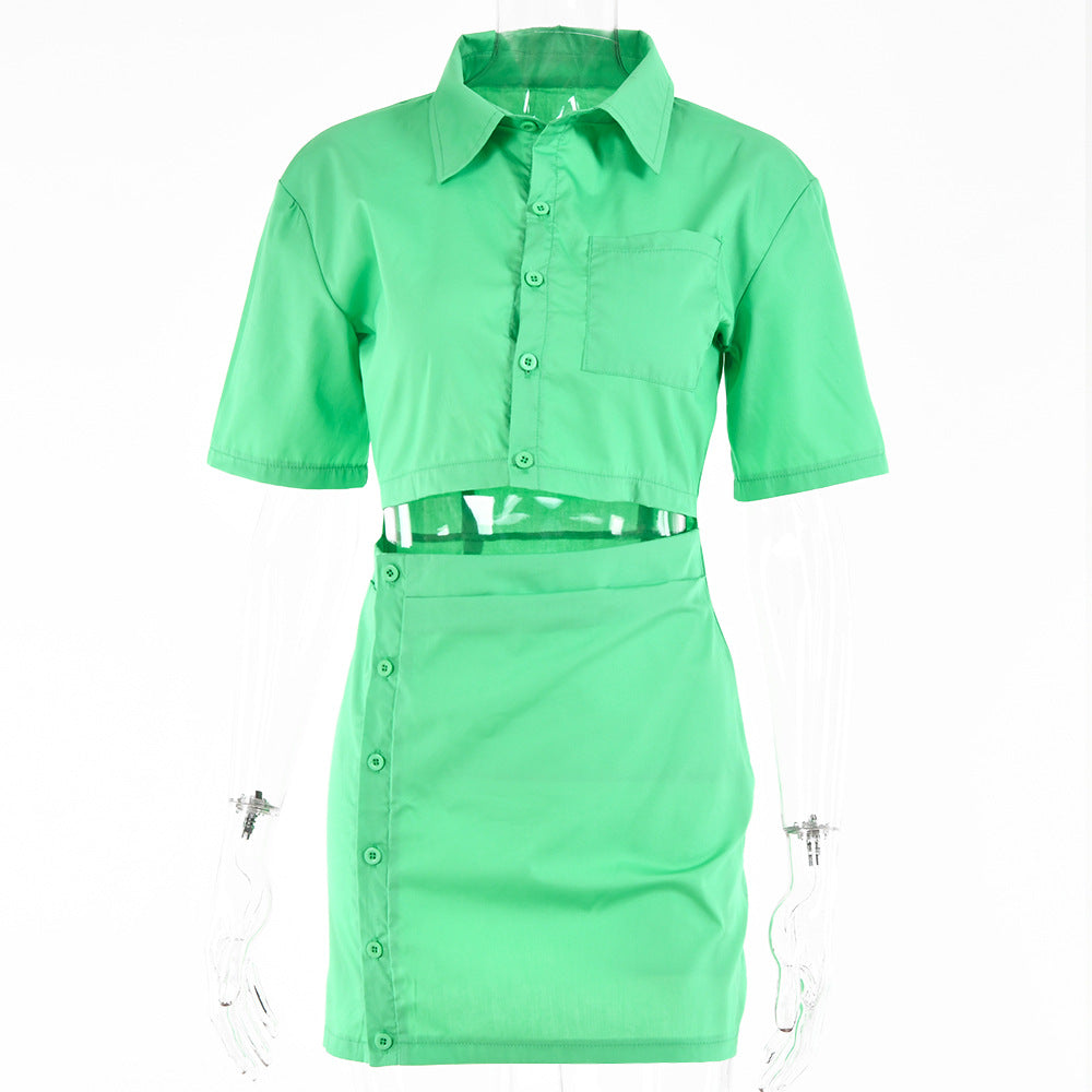 European and American fashion sexy babes fake two-piece short skirt 2022 spring new solid color short-sleeved cardigan button hip skirt