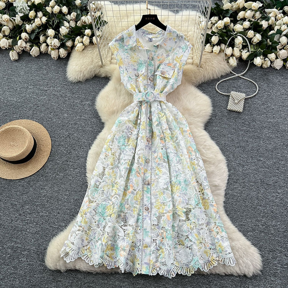 French chic luxury hollow-out crochet lace dress - women's summer slimming maxi dress with cinched waist and single-breasted button detail