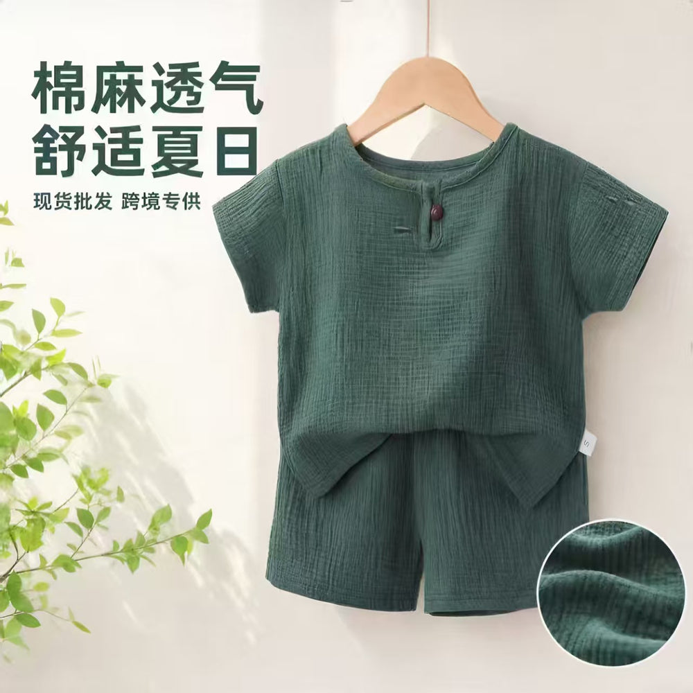 Kids' short-sleeve set: boys' summer cotton linen breathable cross-border southeast asian children's clothing wholesale korean style casual - in stock