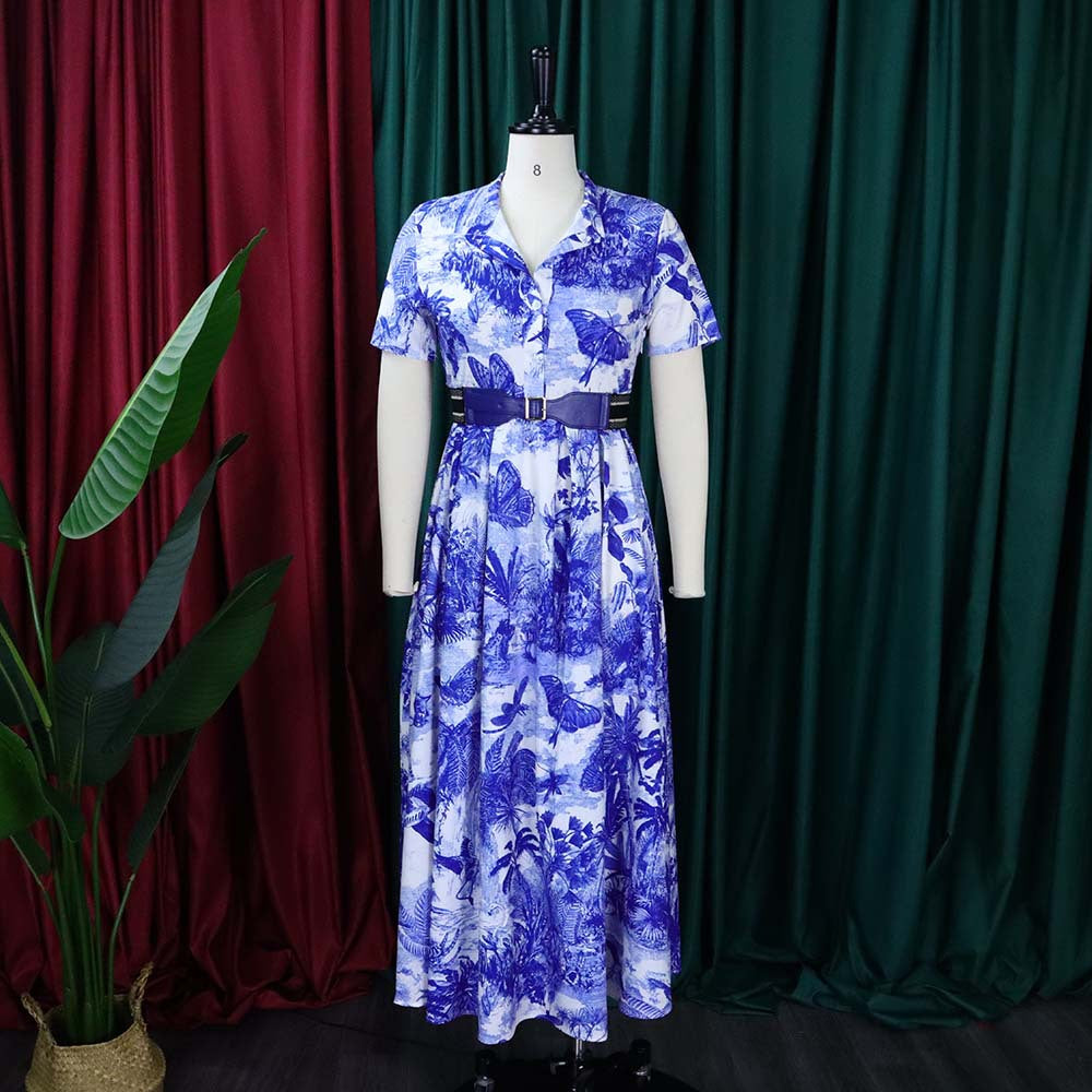 D3337 women's foreign trade dress -  fashion, european & american style, summer chic, printed short sleeve, flared hem, plus size foreign trade dress
