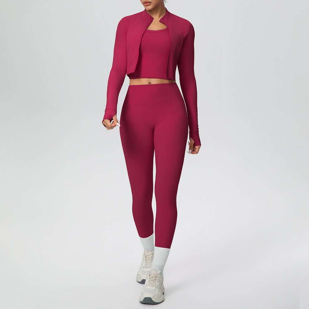pure color brushed tight high-elastic breathable vest long three-piece set sports running fitness yoga suit