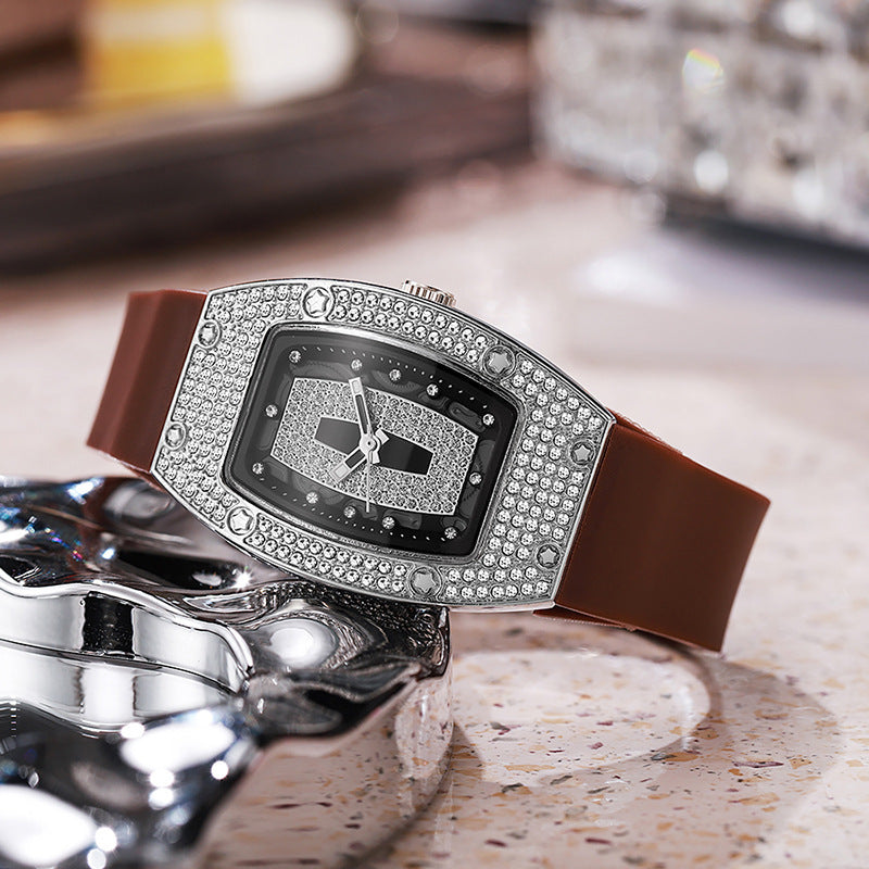 Whiskey barrel-shaped diamond-accented quartz watch - fashionable, trendy, and elegant women's silicone wristwatch - wholesale white