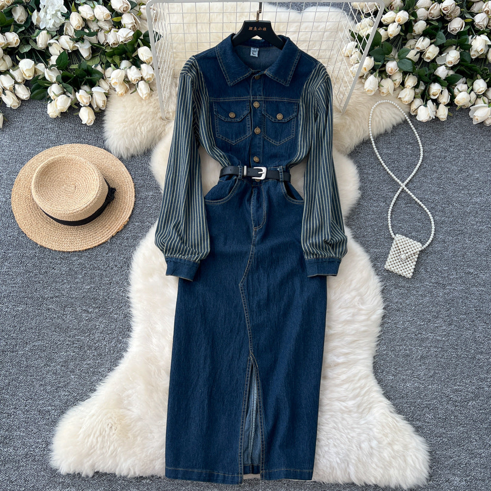 French-inspired, niche long-sleeved striped denim dress with a collared neckline, metal button detailing, a fitted waist, and a stylish slit