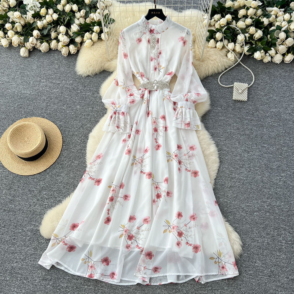French chic dress - new  collection: fashionable, diamond-accented, slim-fit, elegant printed chiffon midi dress