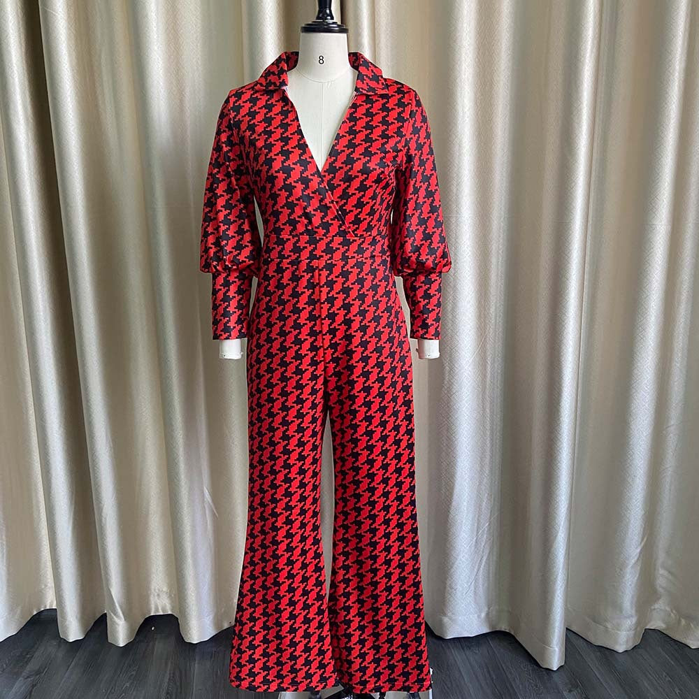D177 european and american women's clothing independent station  spring loose elastic v neckstraight-leghigh waistelegant cross-border jumpsuit