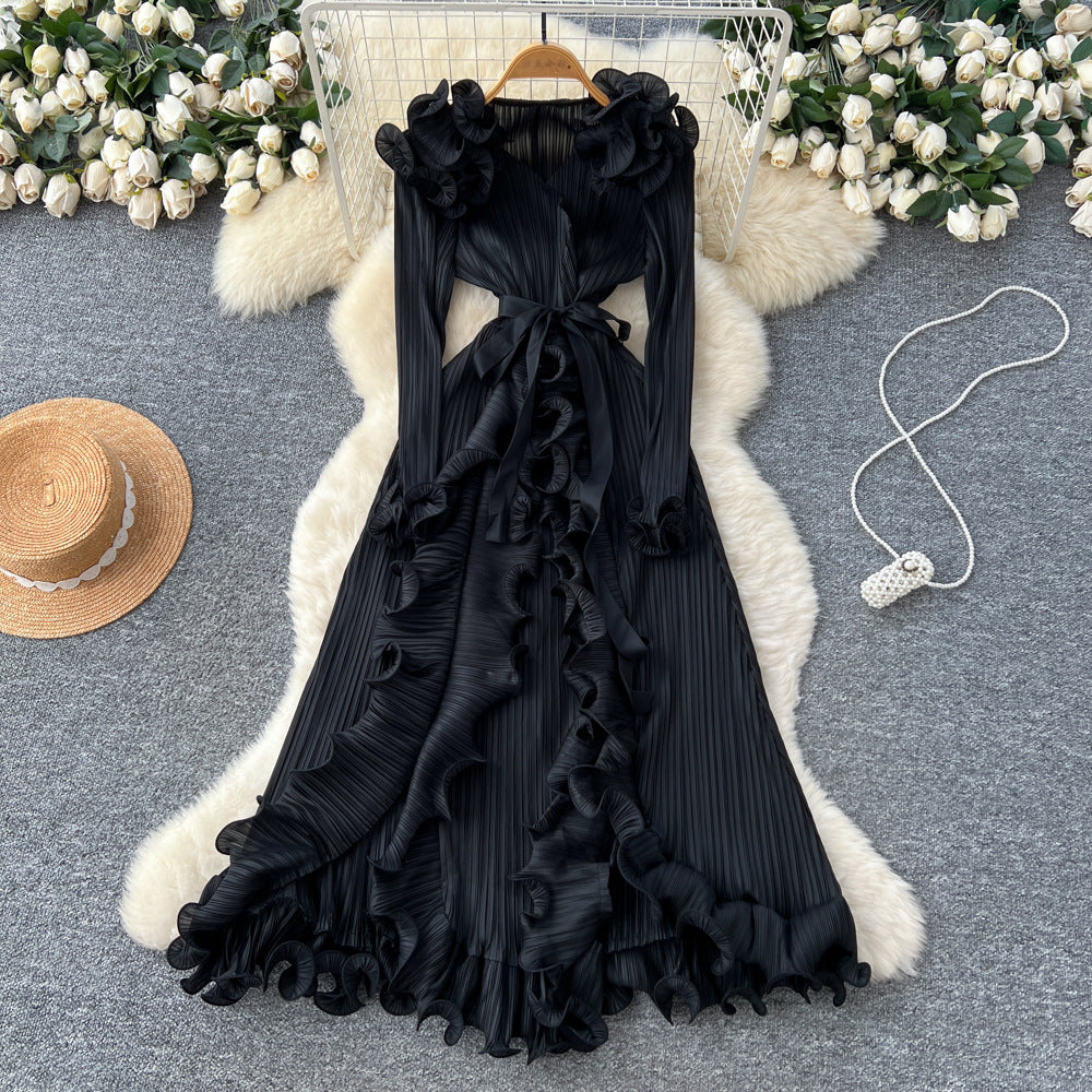 European and american niche style 3d ruffle trim tie-waist long sleeve pleated maxi dress with slit