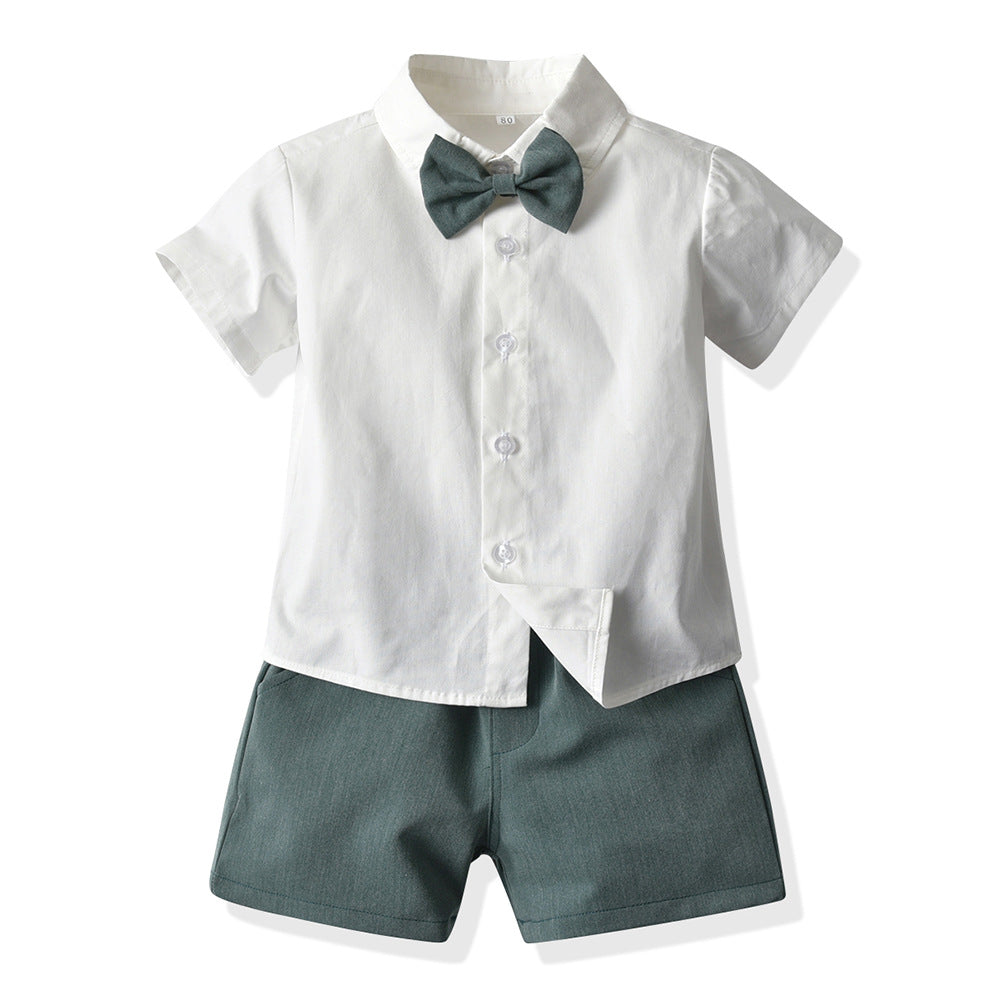 Boys' summer short-sleeve overalls set: cotton white shirt birthday performance outfit, korean style kids' clothing