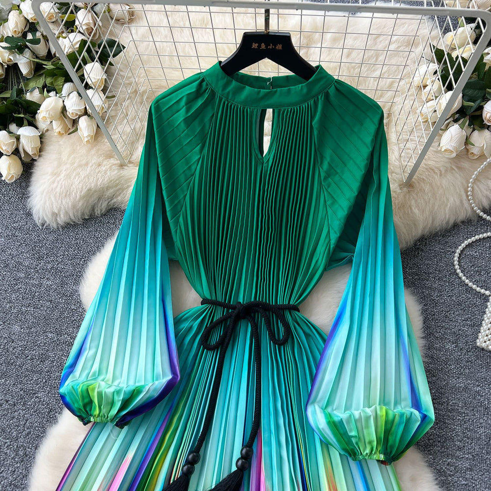 European and american niche style printed dress - women's new autumn collection - tie-waist, lantern sleeves, pleated, maxi dress with a-line skirt