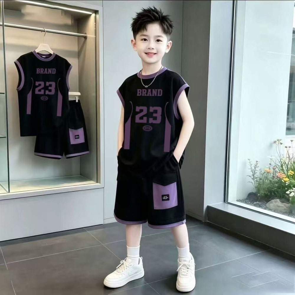 Boys' summer outfit set  new style kids sleeveless tank top clothes middle school students summer fashionable sports two-piece set