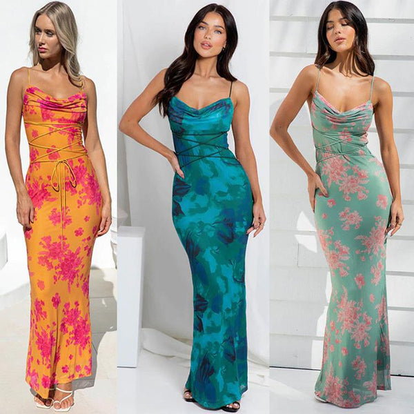 women's clothing 2024 spring and summer new sexy backless lace-up slim-fit printed suspender dress