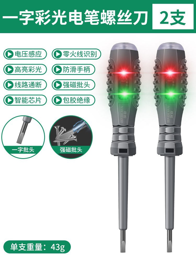 Electrician's multifunctional test pen - household use, cross & slotted, led breakpoint detection, rubberized grip, inspection with magnetic screwdriver
