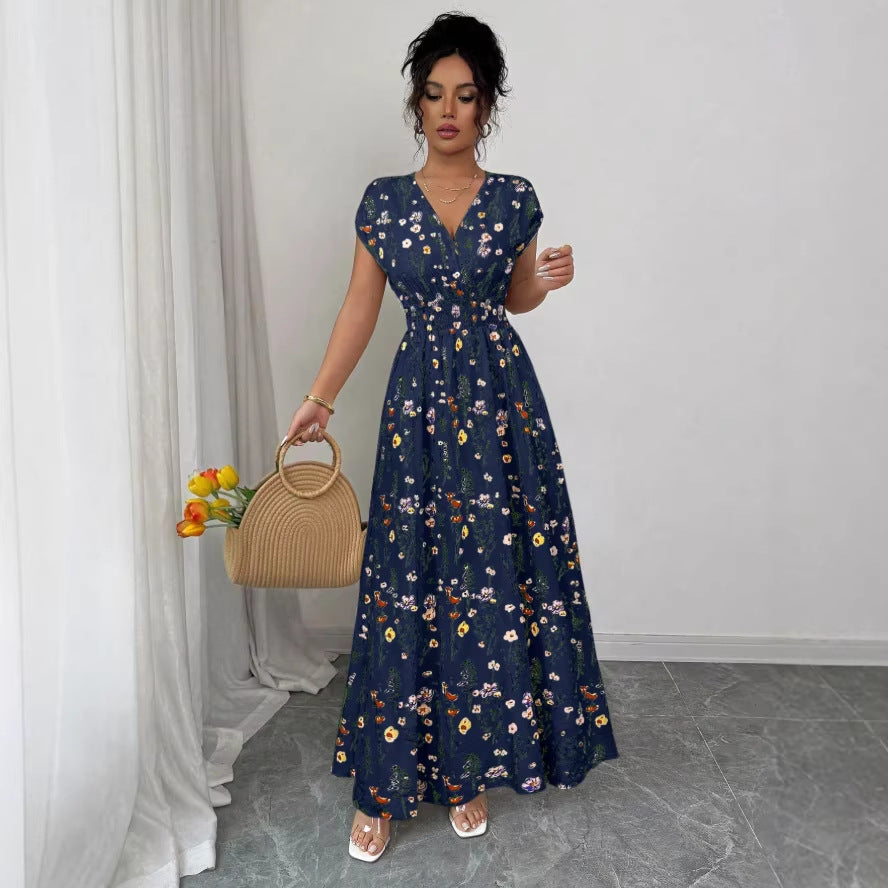 european and american cross-border new summer v-neck french floral print bodycon dress