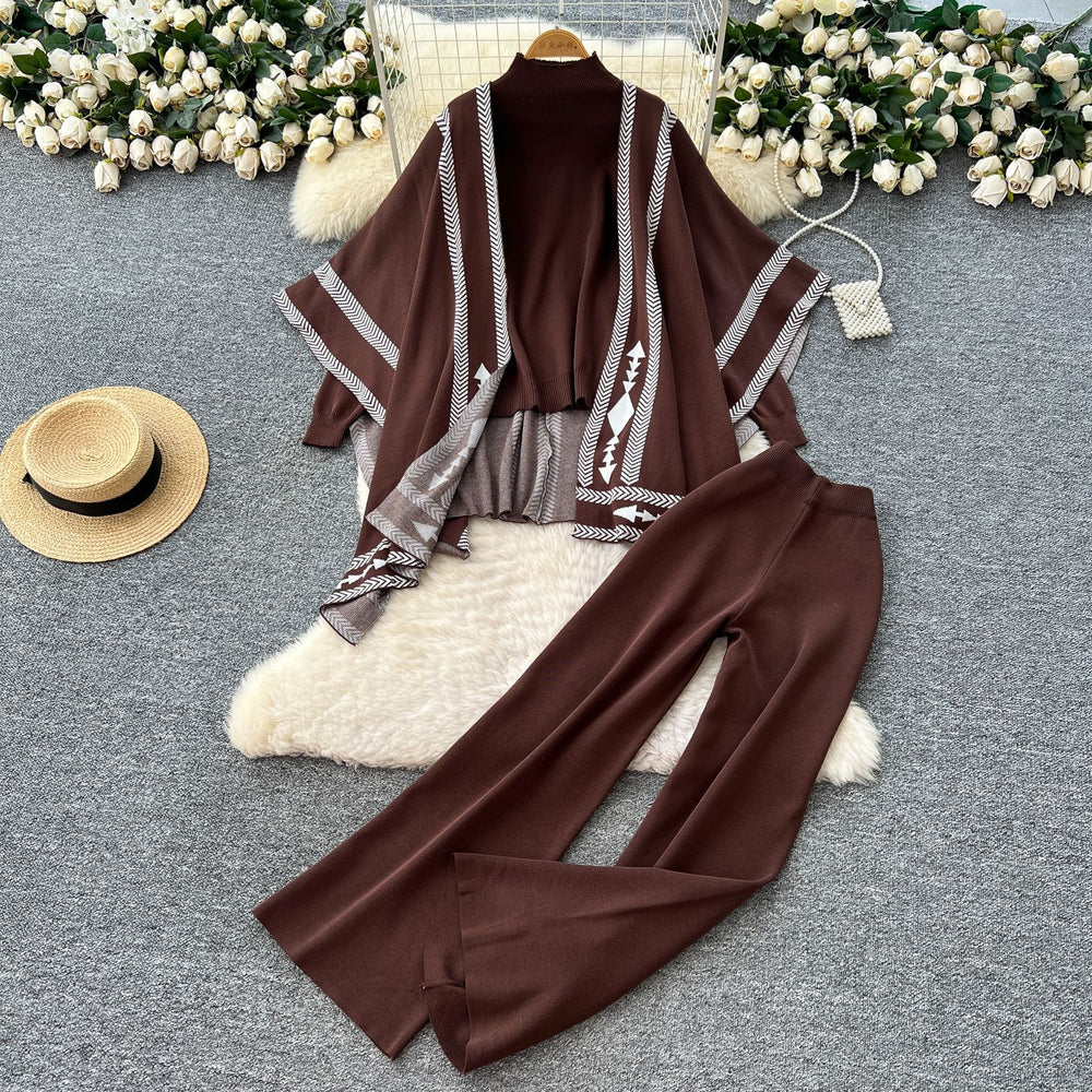 Lazy style sweatersuit women's autumcasualeasiest for match high collar knittingtopsloose outer shawl high waistpants