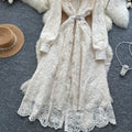 French chic elegant high-end embroidered mesh dress - women's autumn tie-waist single-breasted maxi dress