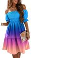 european and american independent station  new arrival short sleeve one-line collar waist pleated printingdress