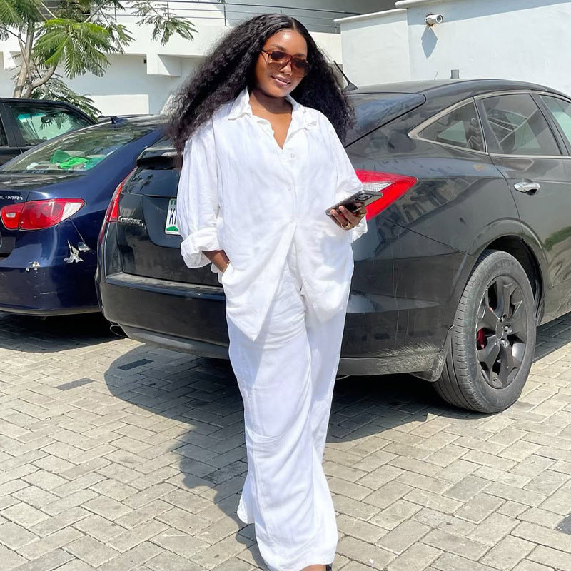 European and American large-size women's clothing loose casual cardigan lapel shirt long-sleeved solid color top trousers African two-piece set women