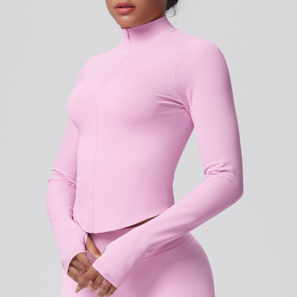 seamless pure color tight high elastic breathable stand collar zipper outwear sports running fitness yoga wear tops for women