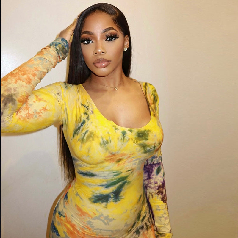 European and american style cross-border printed women's bodycon retro chic bodycon dress - round neck, long sleeve, cinched waist, trendy bestseller