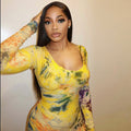European and american style cross-border printed women's bodycon retro chic bodycon dress - round neck, long sleeve, cinched waist, trendy bestseller