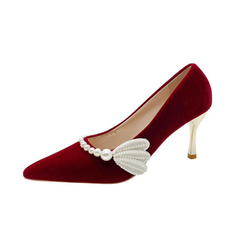 Pearl bridal high heels 2022 new pointed toe xiuhe dress wedding shoes for pregnant women, comfortable chinese style wedding shoes for women