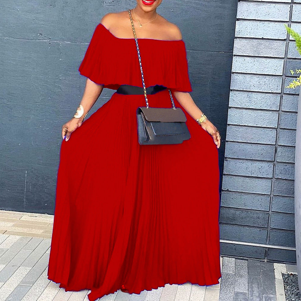 D3129  foreign trade women's summer new sexy off-the-shoulder pleated dress european and american style dress