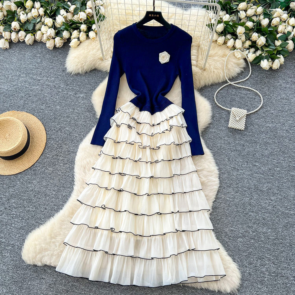 French chic floral round neck long sleeve knit patchwork tiered cake dress - elegant and figure-flattering
