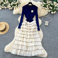 French chic floral round neck long sleeve knit patchwork tiered cake dress - elegant and figure-flattering