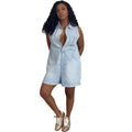European and american cross-border new denim jumpsuit shorts,  new women's fashion loose turn-down collar sleeveless bodysuit