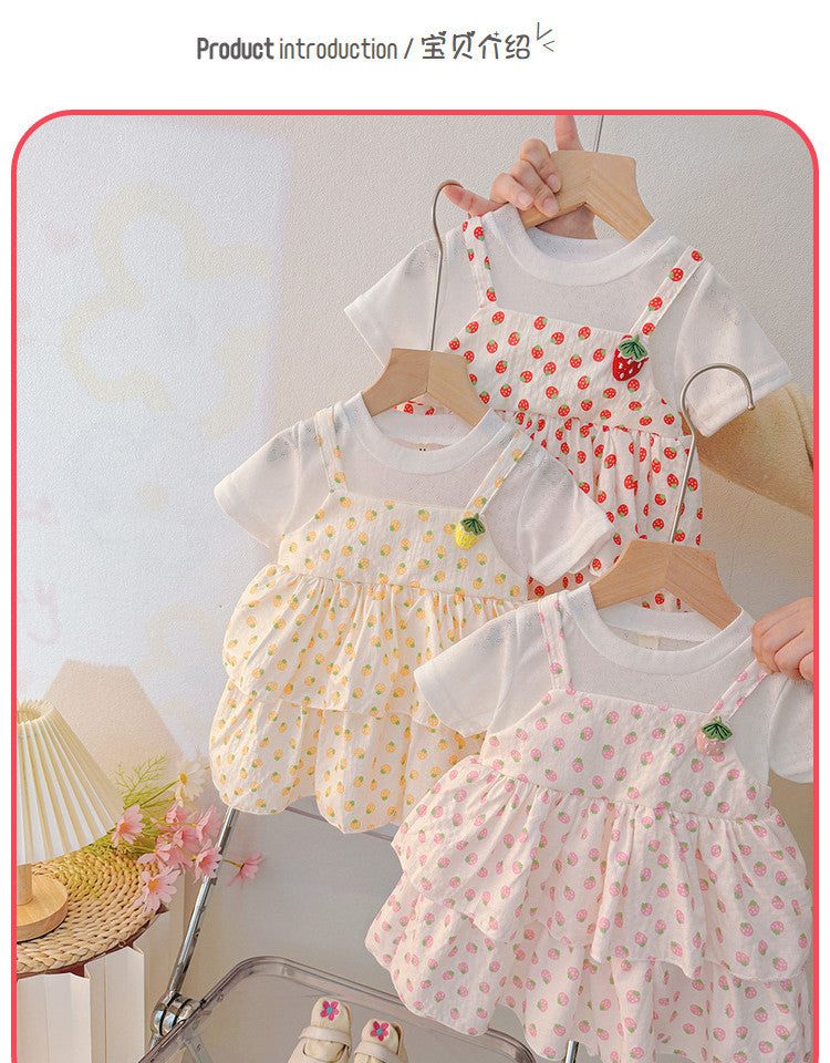 summer cute kids' clothing baby toddler cartoon strawberry print faux two-piece girls' versatile short-sleeve dress
