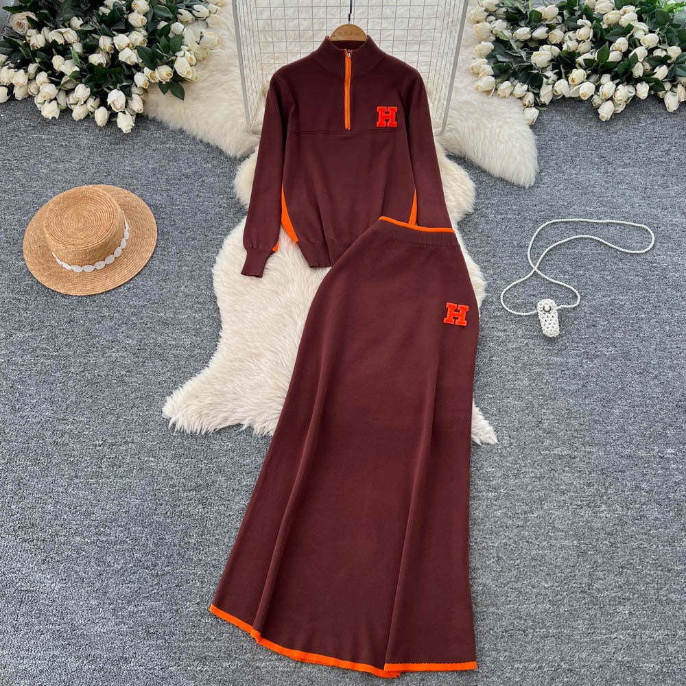 Minimalist color block striped knit power suit: stand collar long sleeve sweater + high waist slim fit long skirt - winter collection