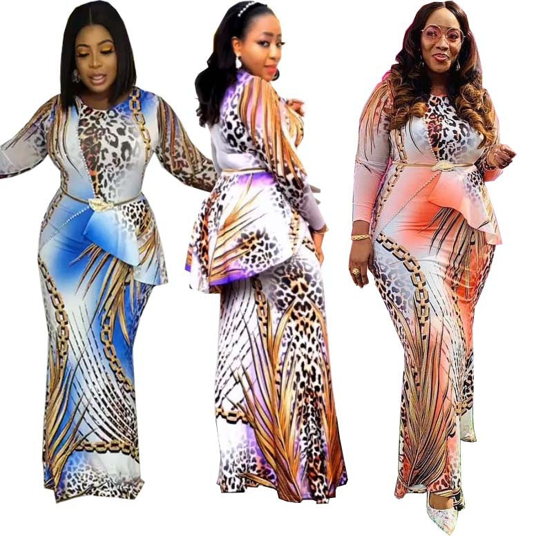 supply new arrivalcolorful leopard print printing round neck long sleeves printing dress long skirt big sale