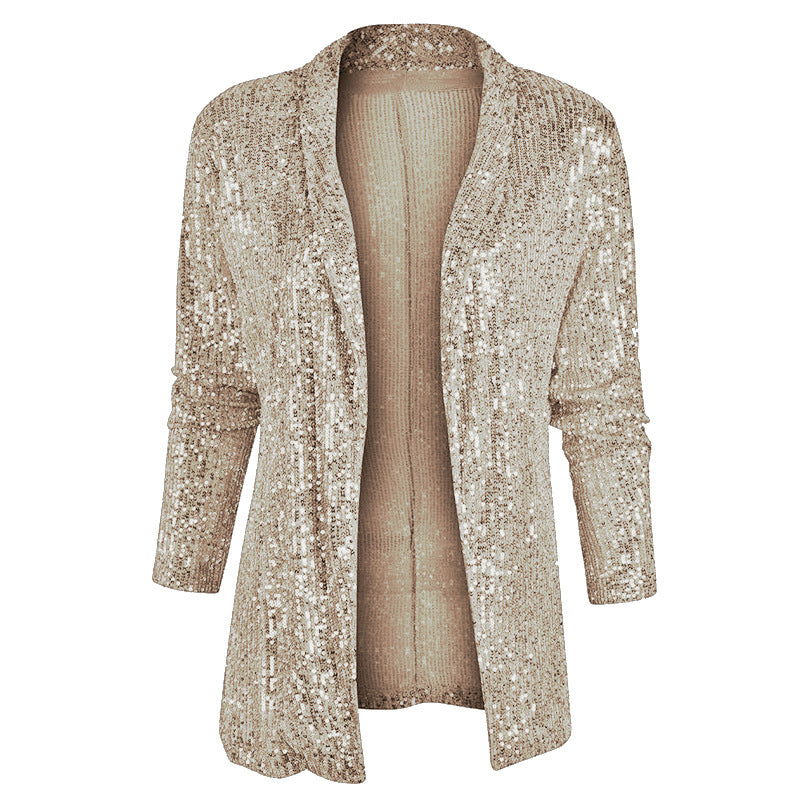 2025 spring new arrival: european and american style sequin long sleeve blazer - elegant mid-length jacket with turn-down collar, perfect for amazon