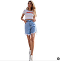 63-30836#  cross-border women's fashion european & american ins style spring/summer slimming frayed wide-leg denim shorts