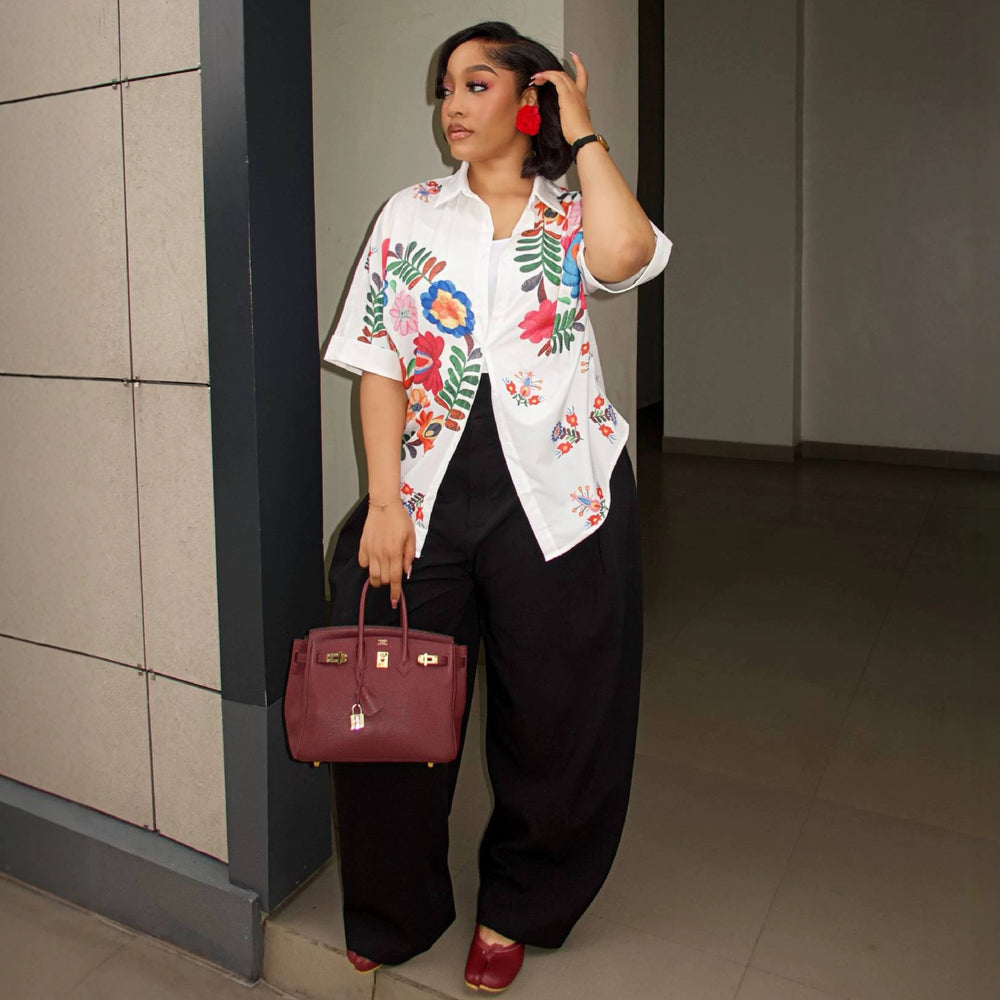 European and american style women's  autumn new collection: sweet and fresh printed turn-down collar short-sleeve blouse