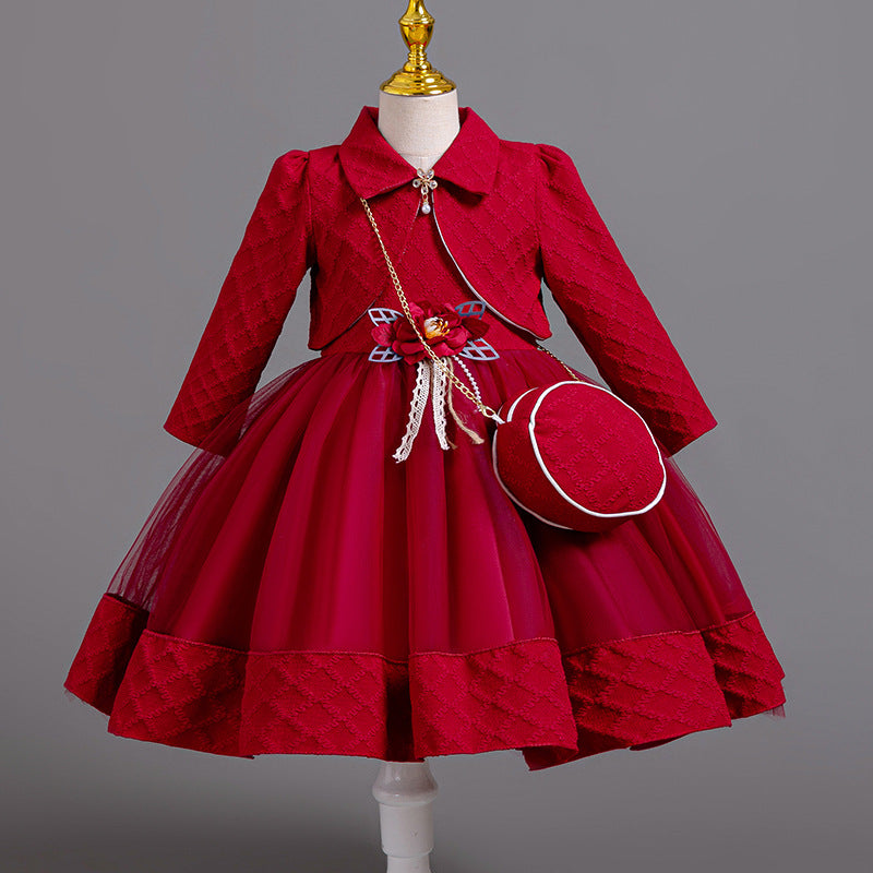 New in stock three-piece girls' dress set: long-sleeve wedding dress, piano recital dress, girl's dress