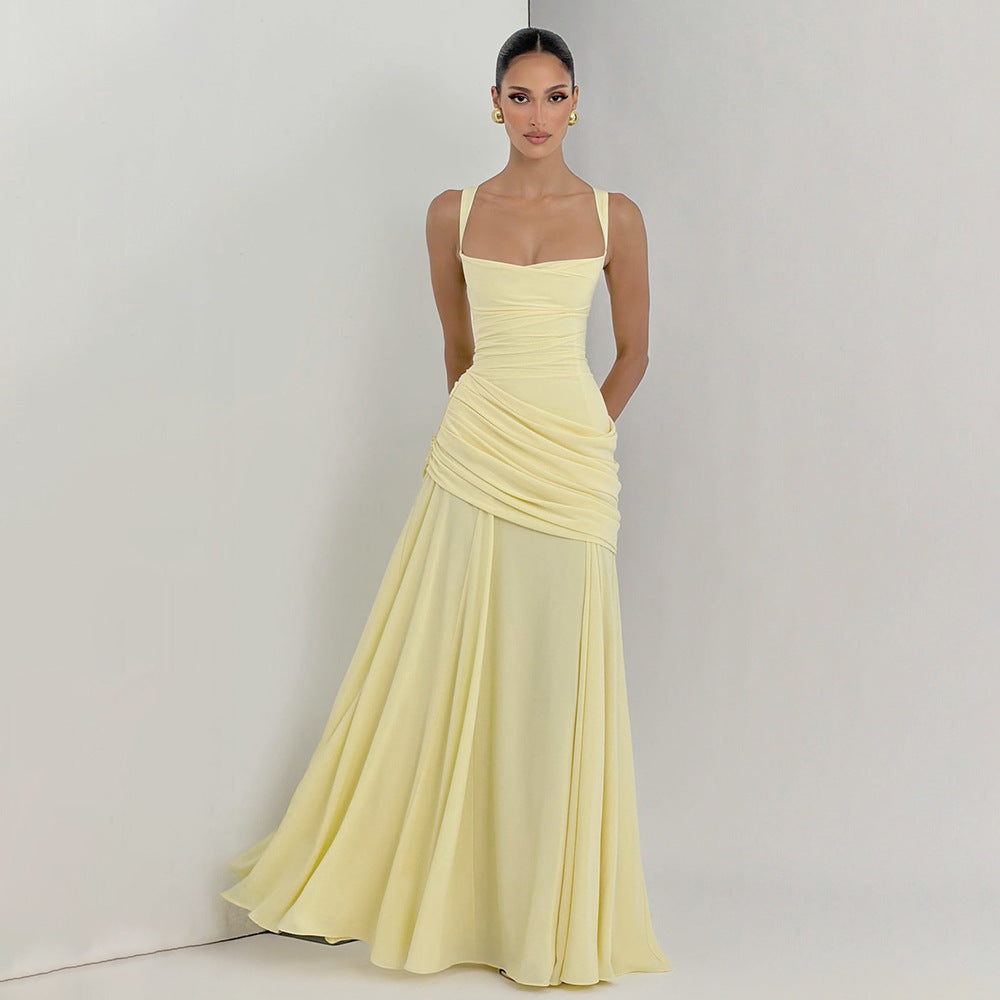European and american style women's spring  new arrival: elegant solid color low-cut ruched camisole dress with cinched waist and open back - wholesale