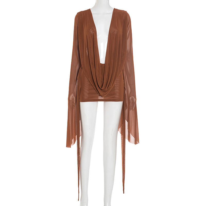 Export fashion cross-border women's net mesh swing collar large sleeves backless a-line short sleeve sexydress vacation style summer