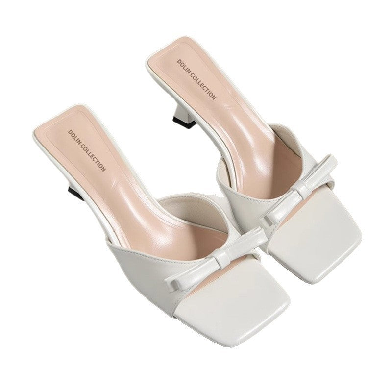 French square toe small sandals thin heel high heels women 2025 summer new arrival bows one-line slippers half slippers