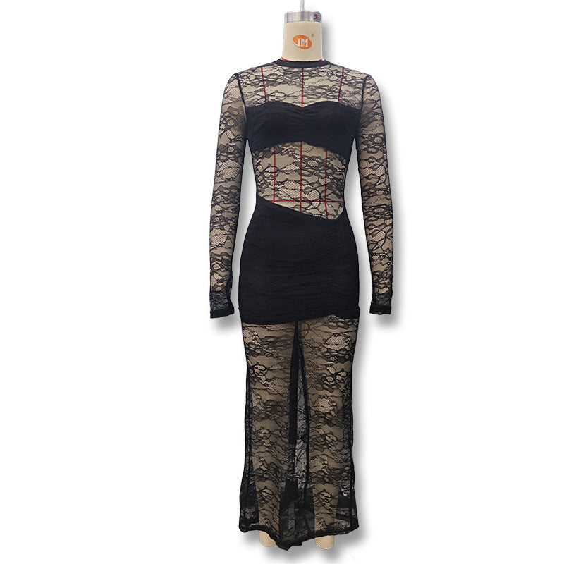 european and american women's clothing  spring new arrivals: spicy girl style sexy hollow-out see-through long bodycon mini dress