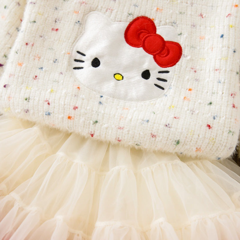 Girls' sweater cute cartoon cat fleece-lined thickened princess dress two-piece set puffy skirt autumn and winter new arrival outfit